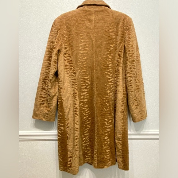 Giacca Vintage Trench Coat, Textured Faux Fur, Camel Color, Lined ButtonUp Sz L - Picture 2 of 8